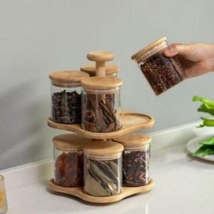 Set de 8 Pots à Épices en Verre avec Support Rotatif en Bambou – Élégant, Compact et Pratique